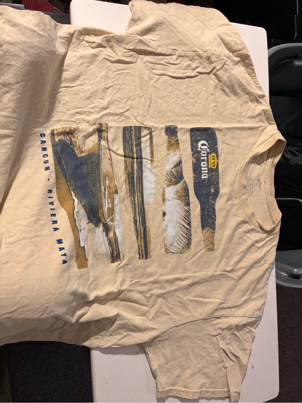 Corona Men's Short Sleeve Tee in Light Cream with Blue and Tan Graphic